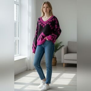 Wrangler Retro Womens Sweater Vneck Pullover Aztec Western Purple Black Large/XL